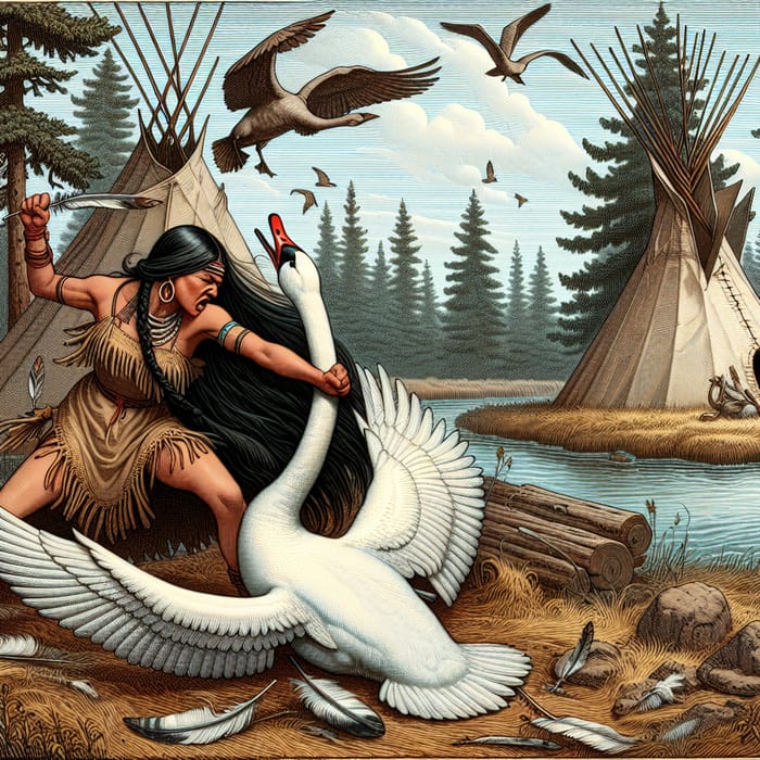 Native American Woman Fights Giant Swan at Wigwam with Forest Backdrop