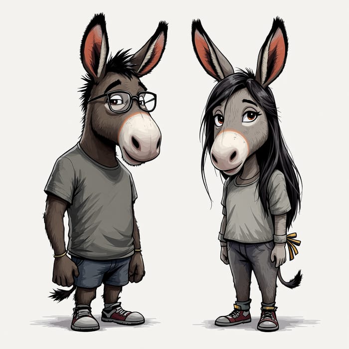 Two Unique Donkeys: Male in Glasses & Female with Style Two Unique Donkeys: Male in Glasses & Female with Style