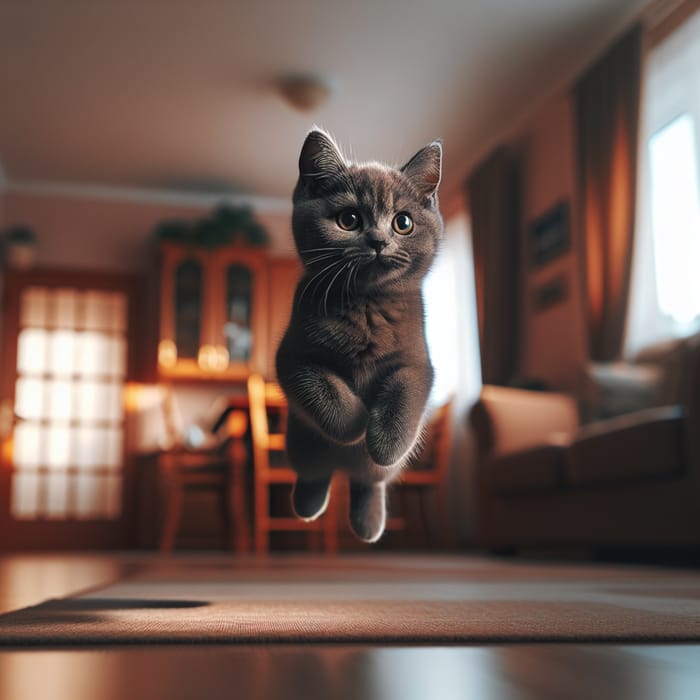 Graceful Charcoal Grey Cat in Mid-Leap | Bright Emerald Eyes