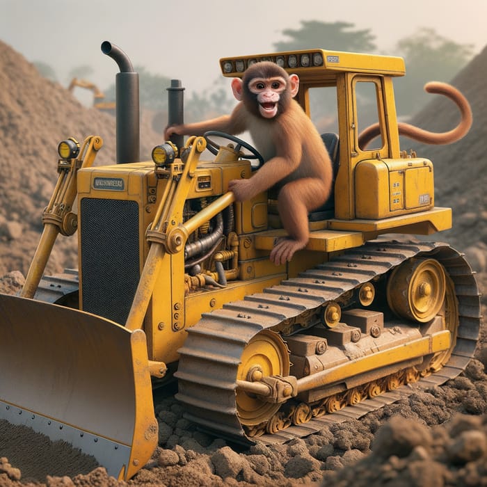 Playful Monkey Operating Yellow Bulldozer | Humorous Construction Scene