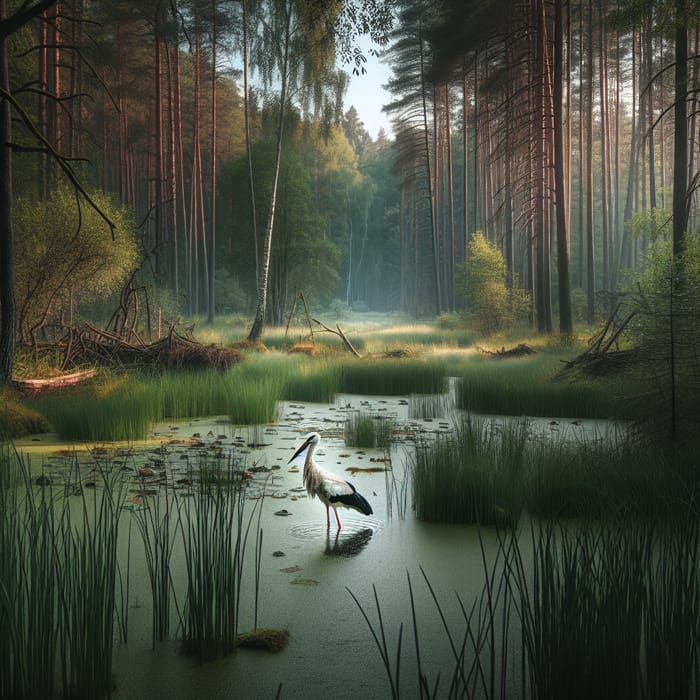 Stork in Marshland with Forests, Ponds, and Frogs