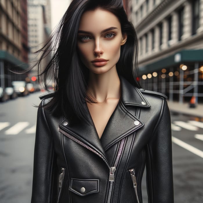 Stunning Tall Girl with Black Hair in Leather Jacket