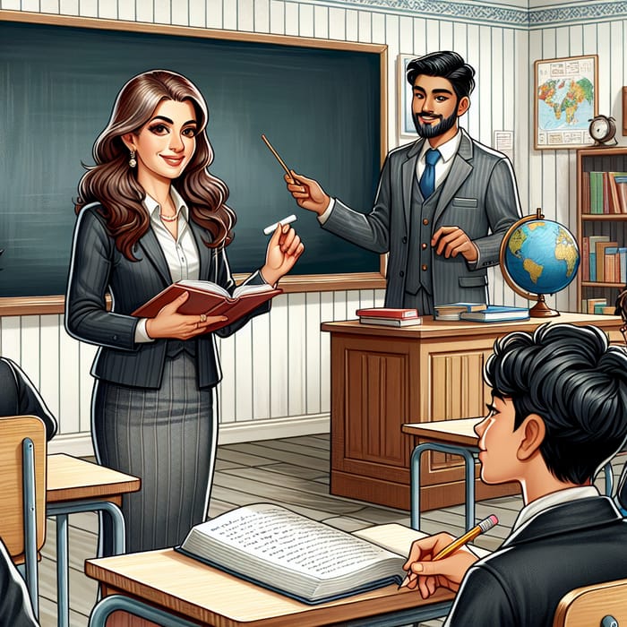 Educational Scene: South Asian Teacher & Hispanic Student in School Setting