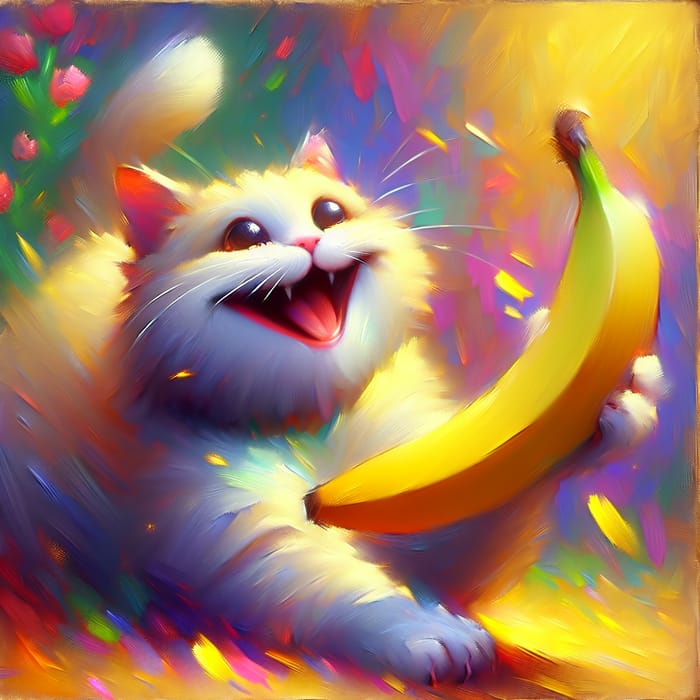 Joyful Cat with Banana - Whimsical Digital Art