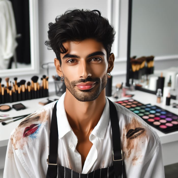 Exhausted South Asian Makeup Artist in Modern Studio