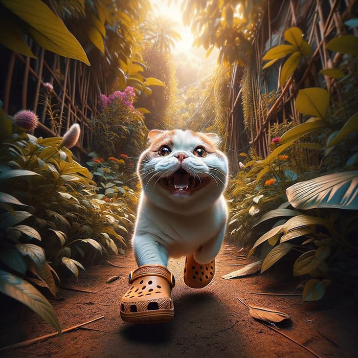 Happy Bulldog Cat in Crocs Exploring Botanical Wonderland