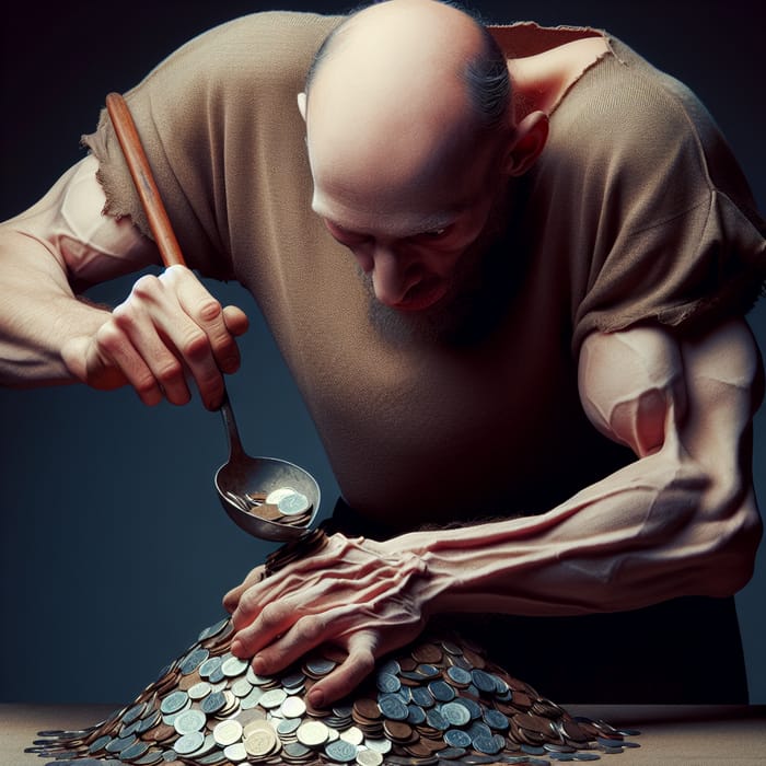 Mysterious Hunchbacked Man Stirring Coins with Spoon