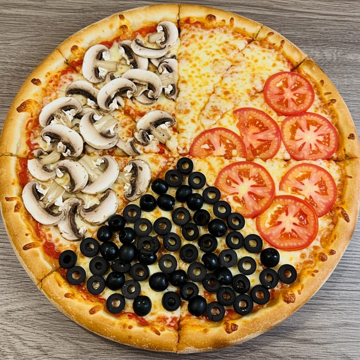 Delicious Four-Quarter Pizza with Varied Toppings Delicious Four-Quarter Pizza with Varied Toppings