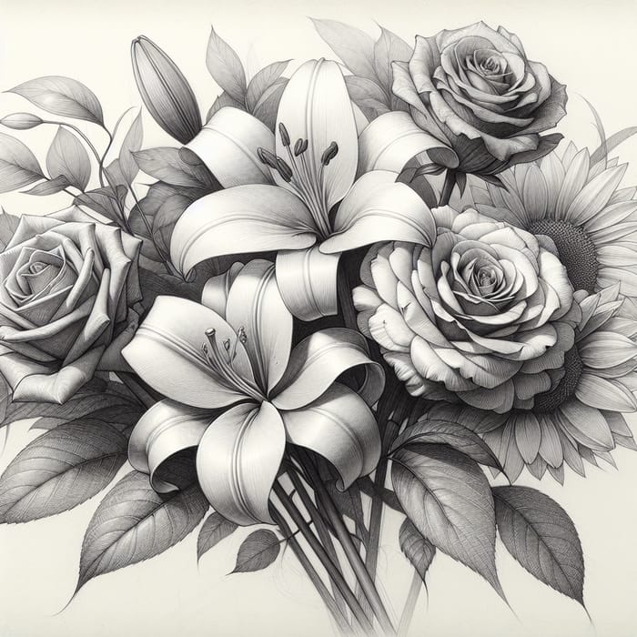 Intricate Pencil Sketch of Roses, Daisies, Lilies & Sunflowers