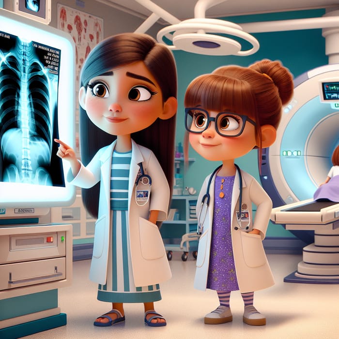 Diverse Young Girls in Doctor Lab Coats at Radiology Clinic - Heartwarming Scene