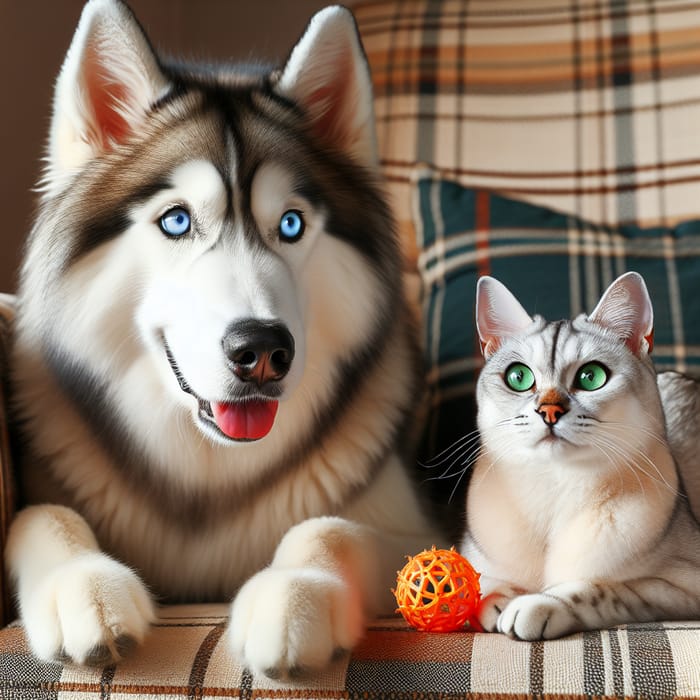 Siberian Husky and Egyptian Mau in Living Room