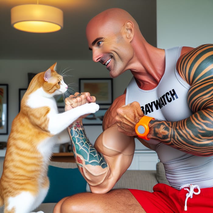 Cat Playfully Engages with Muscular Man in Grey Baywatch Uniform