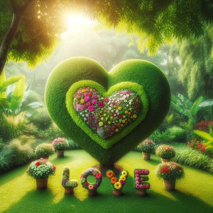 Sunlit Heart-Shaped Topiary Garden with Lush Greenery and Vibrant Flowers