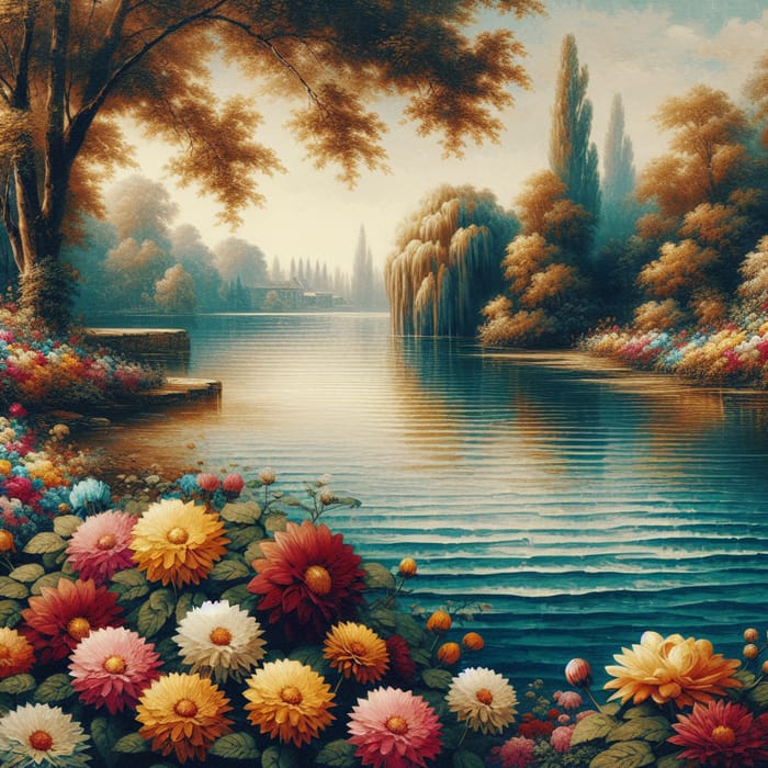 Vintage Oil Painted Portrait of Flowers and Lake with Tranquil Ambiance