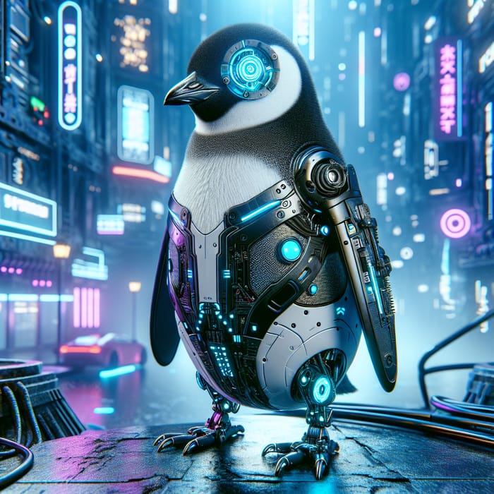 Cyberpunk Penguin in Urban Scene