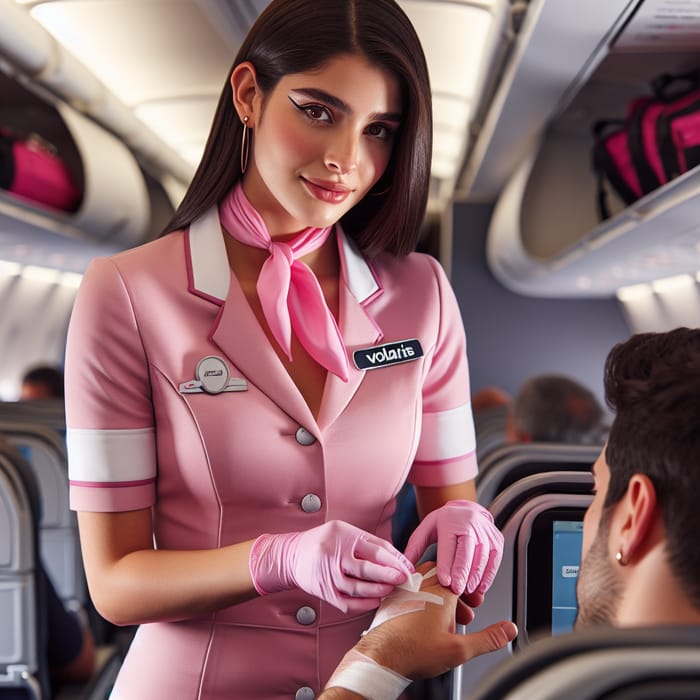 Volaris Flight Attendant in Pink Uniform Administering First Aid