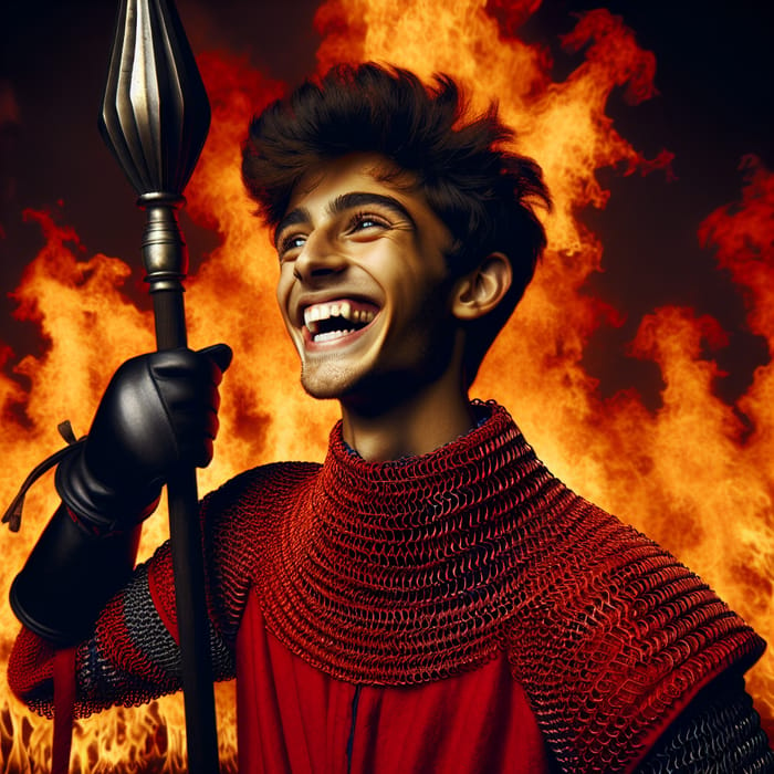 Laughing Duelist in Red Chainmail Surrounded by Fire