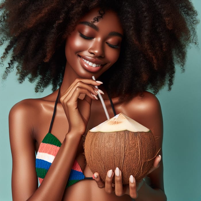 Afro Girl in Colorful Bikini Sipping from Fresh Coconut