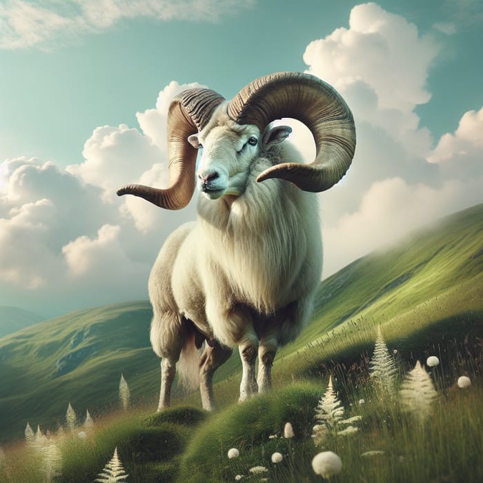 Majestic Ram Grazing on Grass Hillside