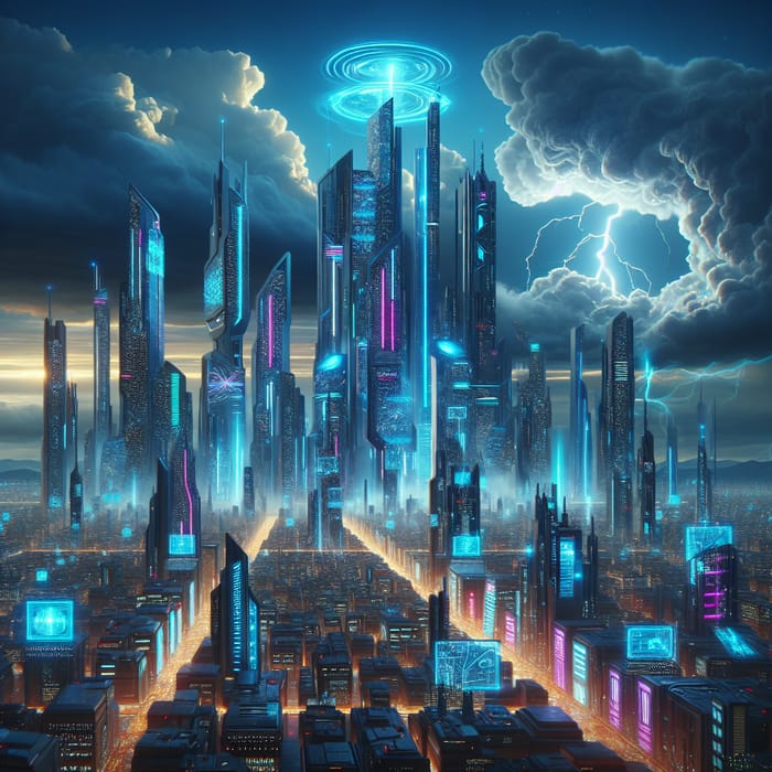 Future Cityscape Glowing under Thunderstorm | Urban Futurism