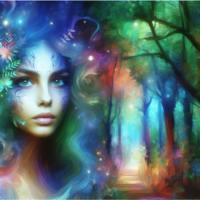 Captivating Woman in Enchanted Forest | Vibrant Fantasy Portrait