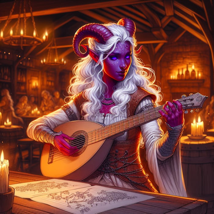 Enchanting Tiefling Bard in Medieval Tavern - Digital Art