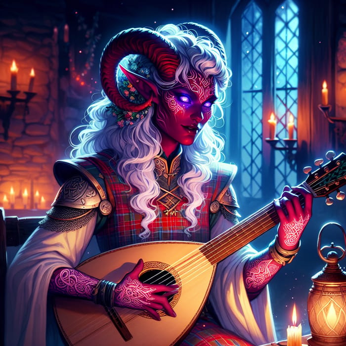 Scottish Tiefling Bard Character Concept Art | Ethereal Aura & Celtic Tattoos