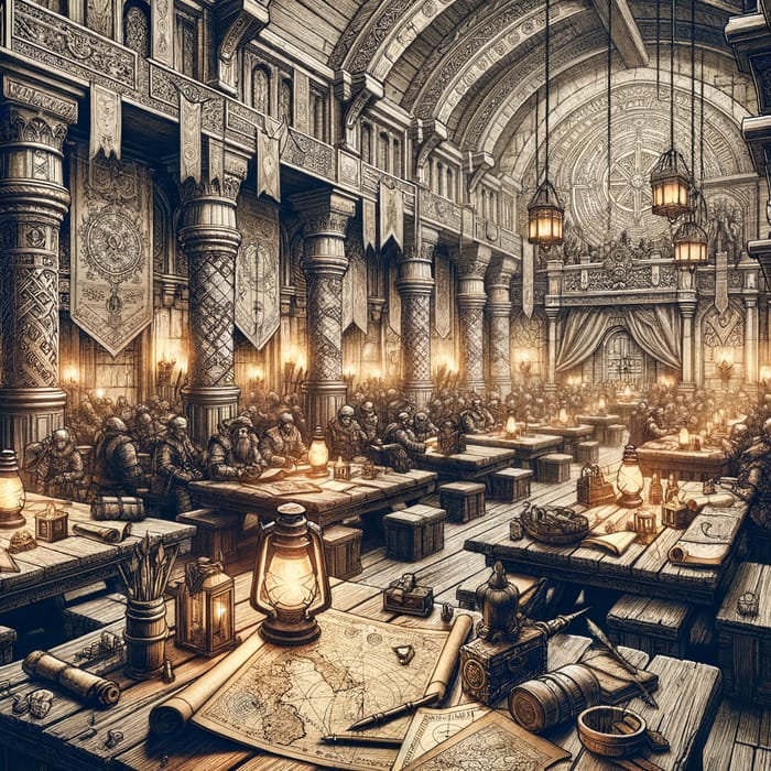 Intricate Adventurer's Guild Hall Art | Da Vinci Style Sketch