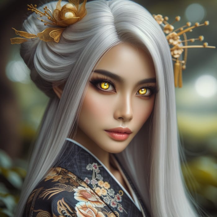 Mystic Woman in Elegant Kimono with White Hair