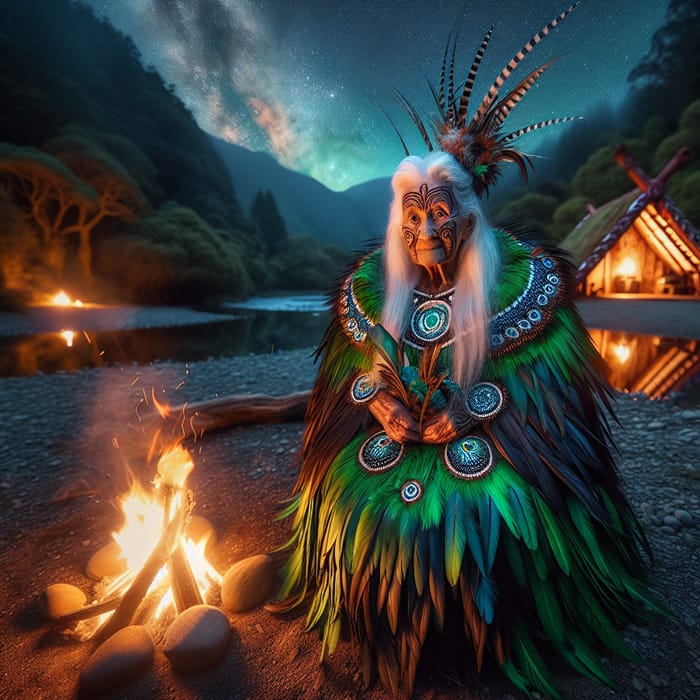 Maori Elderly Woman Embracing Cultural Magic in Serene Forest Setting