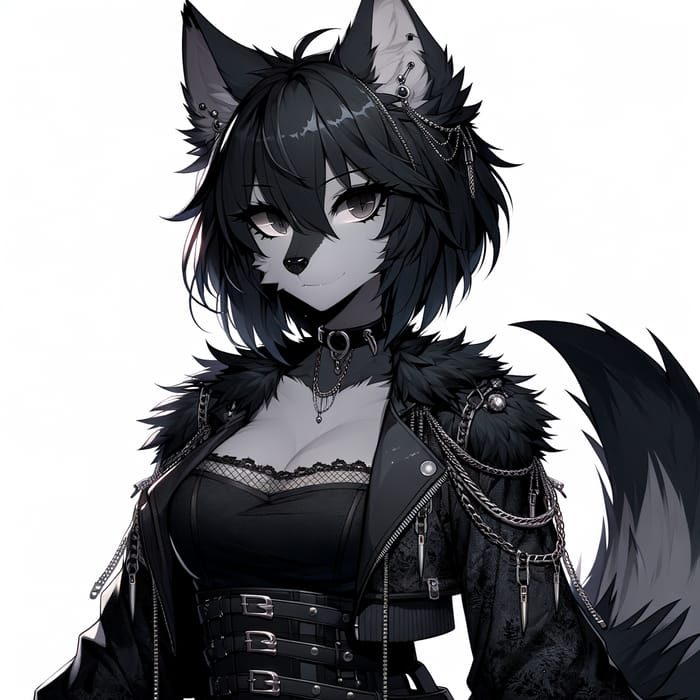 Black Furry Anime Wolf in Gothic Jacket with Ear Piercings