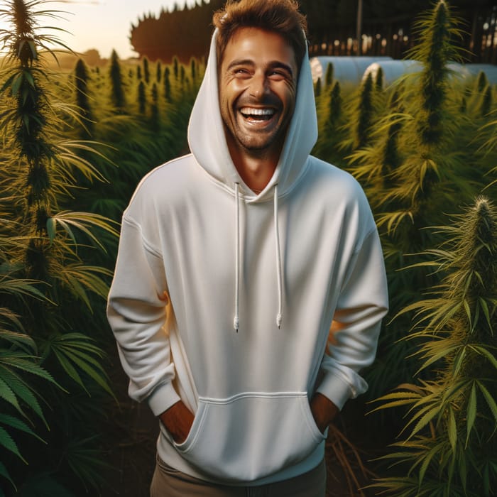 Man Laughing in Hemp Plantation, White Hoodie