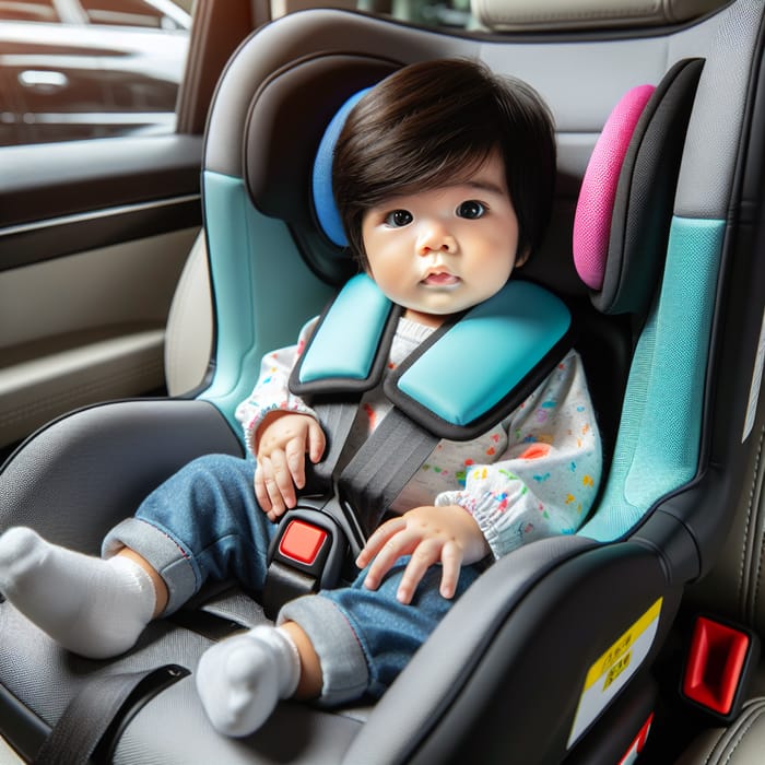 Asian Baby Curiously Secured in Vibrant Car Child's Seat