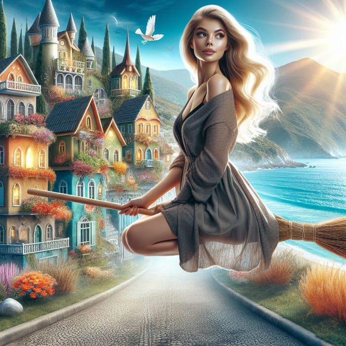 Enchanting Seaside Town: Beautiful Girl, Broom, and Blooms Enchanting Seaside Town: Beautiful Girl, Broom, and Blooms