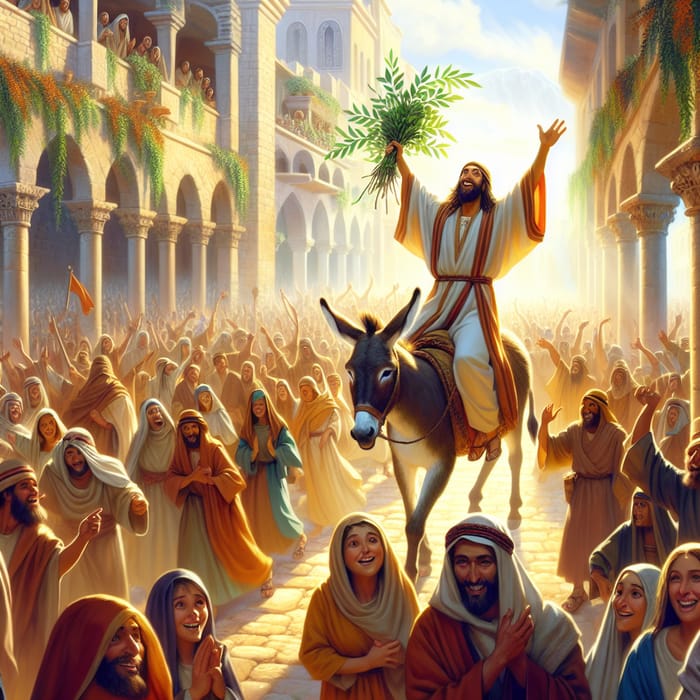 Jesus' Triumphal Entry: Joyful Donkey Ride in Colorful Cityscape