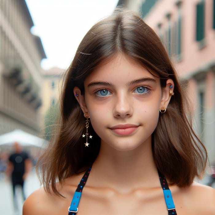 15-Year-Old Italian Girl | Pierced Ears & Star Earrings | Blue-Black Bikini