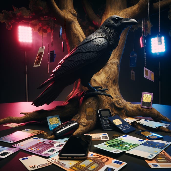 Realistic Raven Perched with EURO Notes & Tech