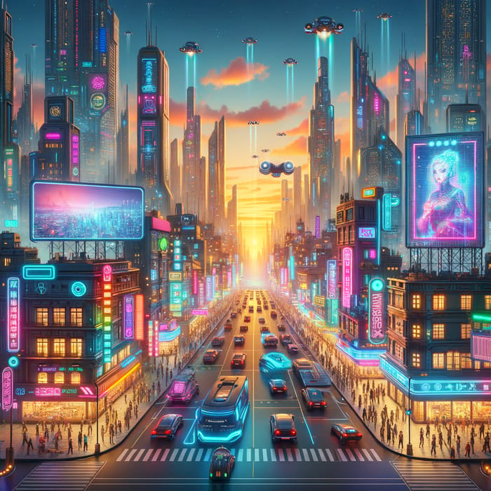 Neon Cyberpunk Cityscape at Sunset | Futuristic Sci-Fi Streets