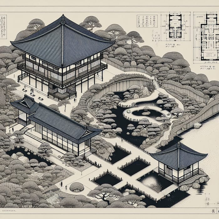 Architectural Section Plan of Sampō-en Garden in Kyoto Japan