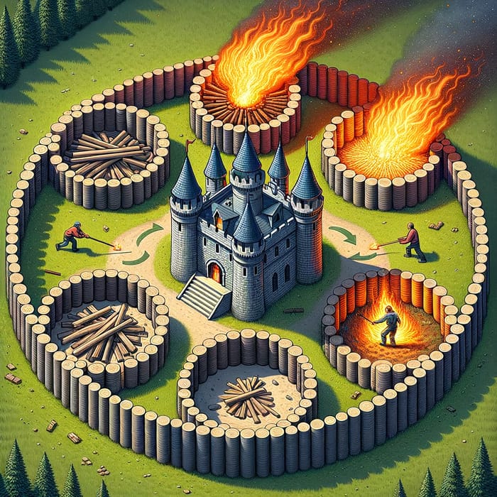 Castle Surrounded by 5 Distinct Rings of Wood & Fire - Visual Graphic Castle Surrounded by 5 Distinct Rings of Wood & Fire - Visual Graphic