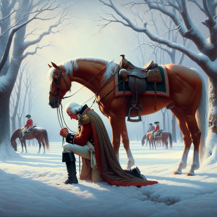 George Washington Kneeling and Praying at Valley Forge in Thomas Kinkade Style