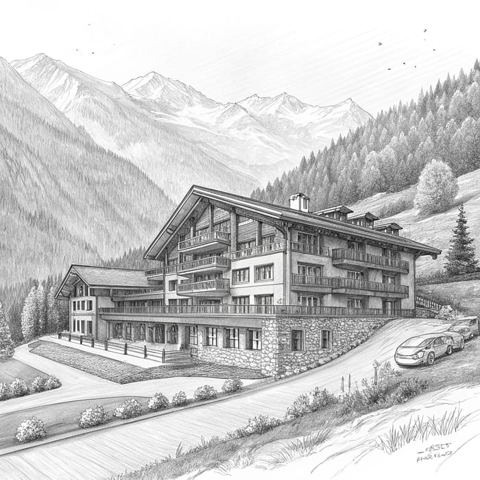 Luxury Mountain Hotel Architectural Sketch