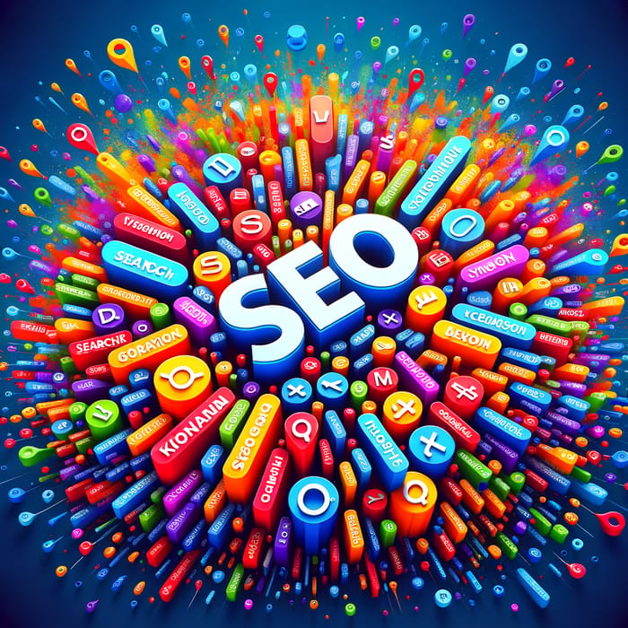 Vibrant SEO Visual: Keywords Floating with Bold Fonts