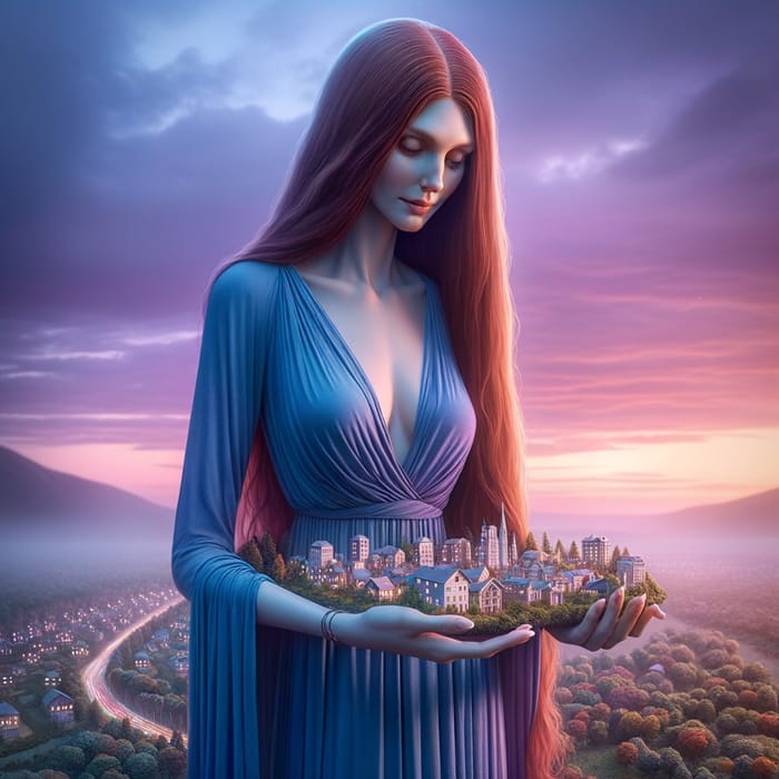 Enchanting Giantess Woman Enjoys Tranquil Evening with Minature City