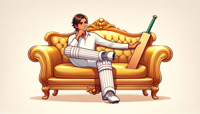 Golden Sofa with Cricketer Watching Bat - Scene Description