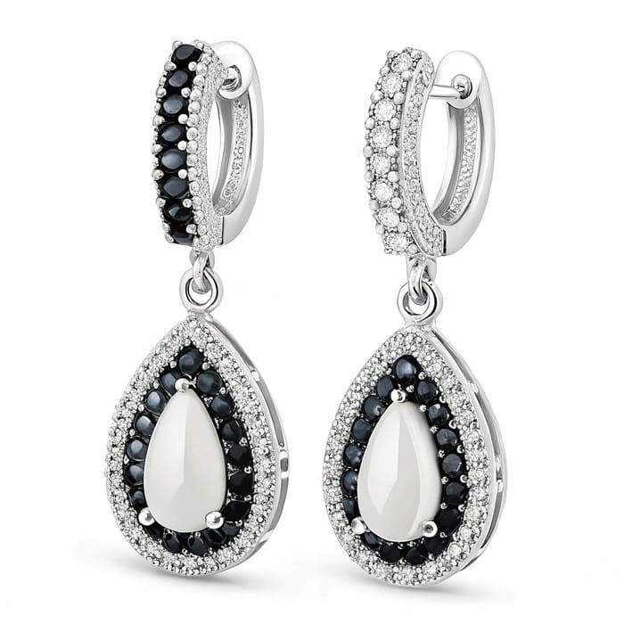 Elegant 4.5cm Silver Earrings with Black and White Stones