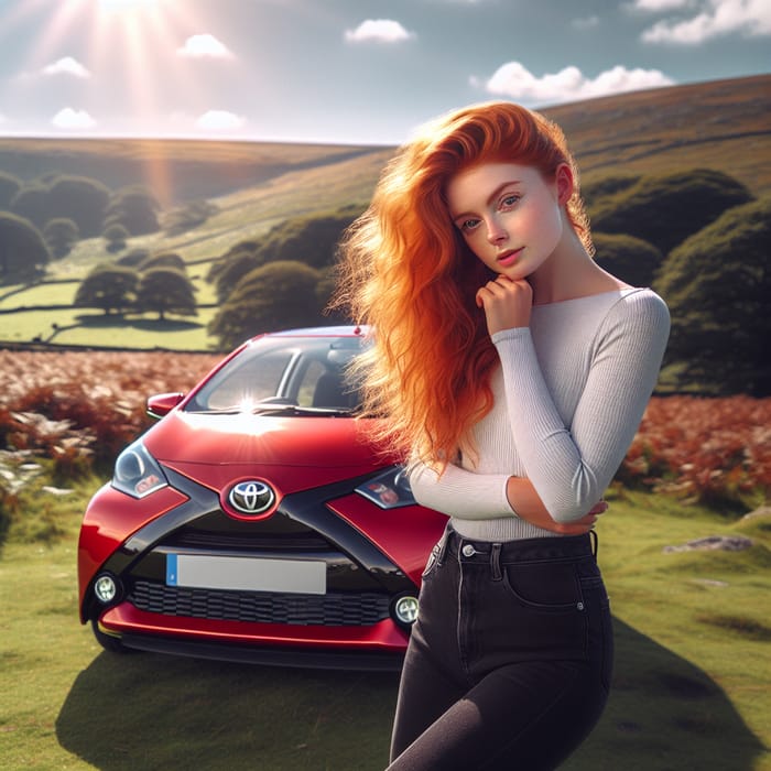 Young Woman with Red Hair in Dartmoor with Toyota Aygo X