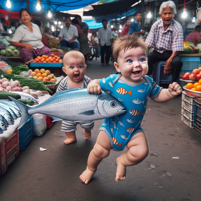 Cute Caucasian Baby Running in Marketplace with Fish