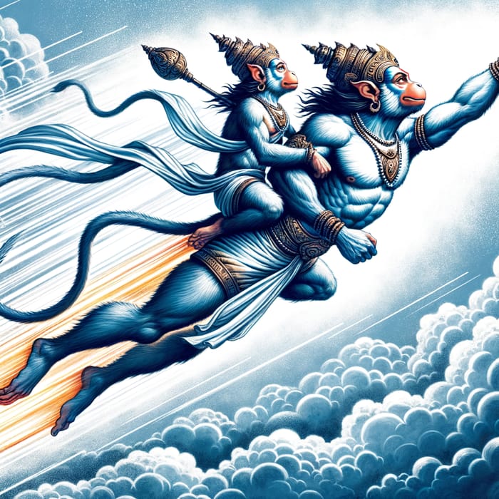 Hanuman Rocketing Through the Sky with Ram and Lakshman