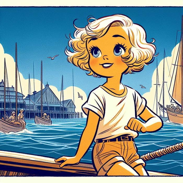 Blonde Girl in Summer Outfit Animated Scene at Australian Harbor